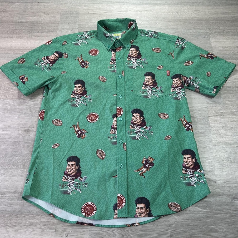 RSVLTS Shirt Mens Large‎ Green Saved By The Bell AC Slater Football Button Up